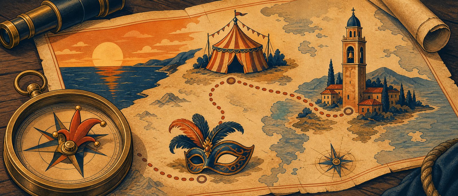 An explorer's map with a compass whose needle is shaped like a jester cap