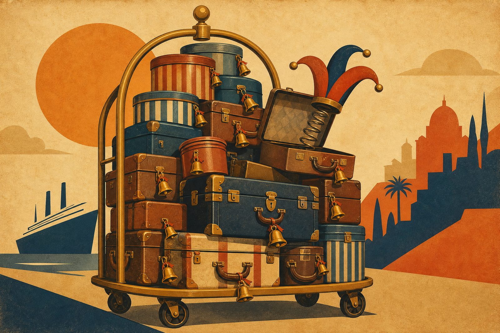 Baggage of Bells: a golden luggage trolley stacked with belled suitcases