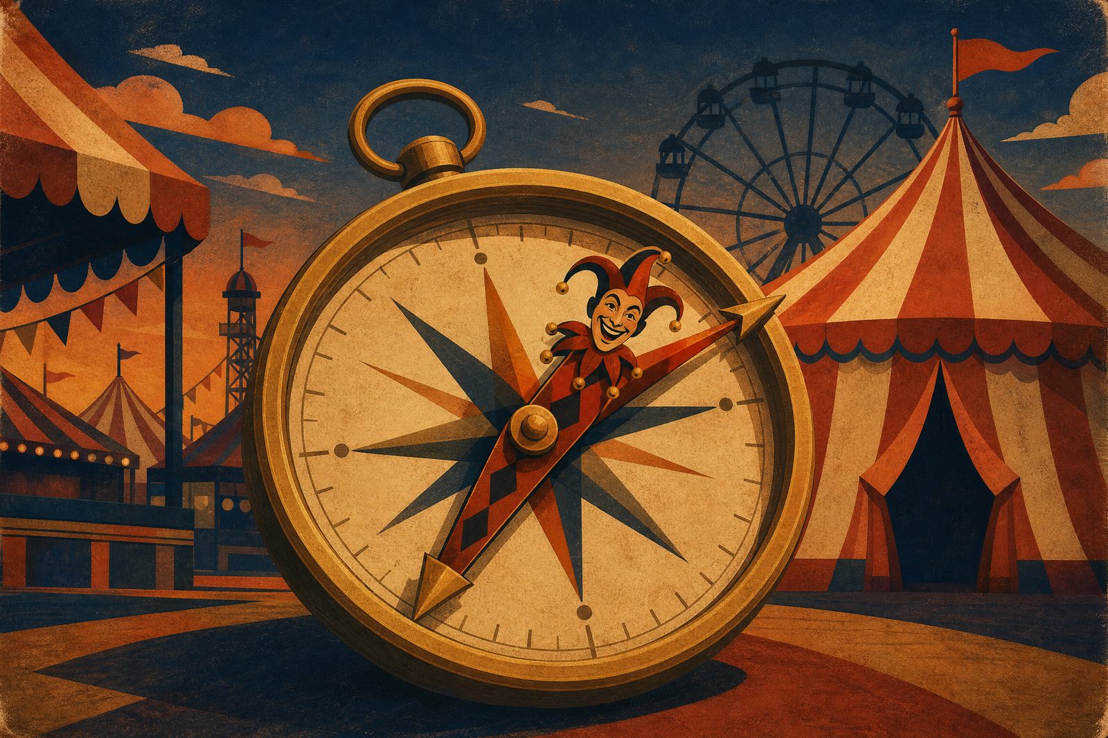 Carnival Compass: a brass compass with a jester needle in front of fairground tents