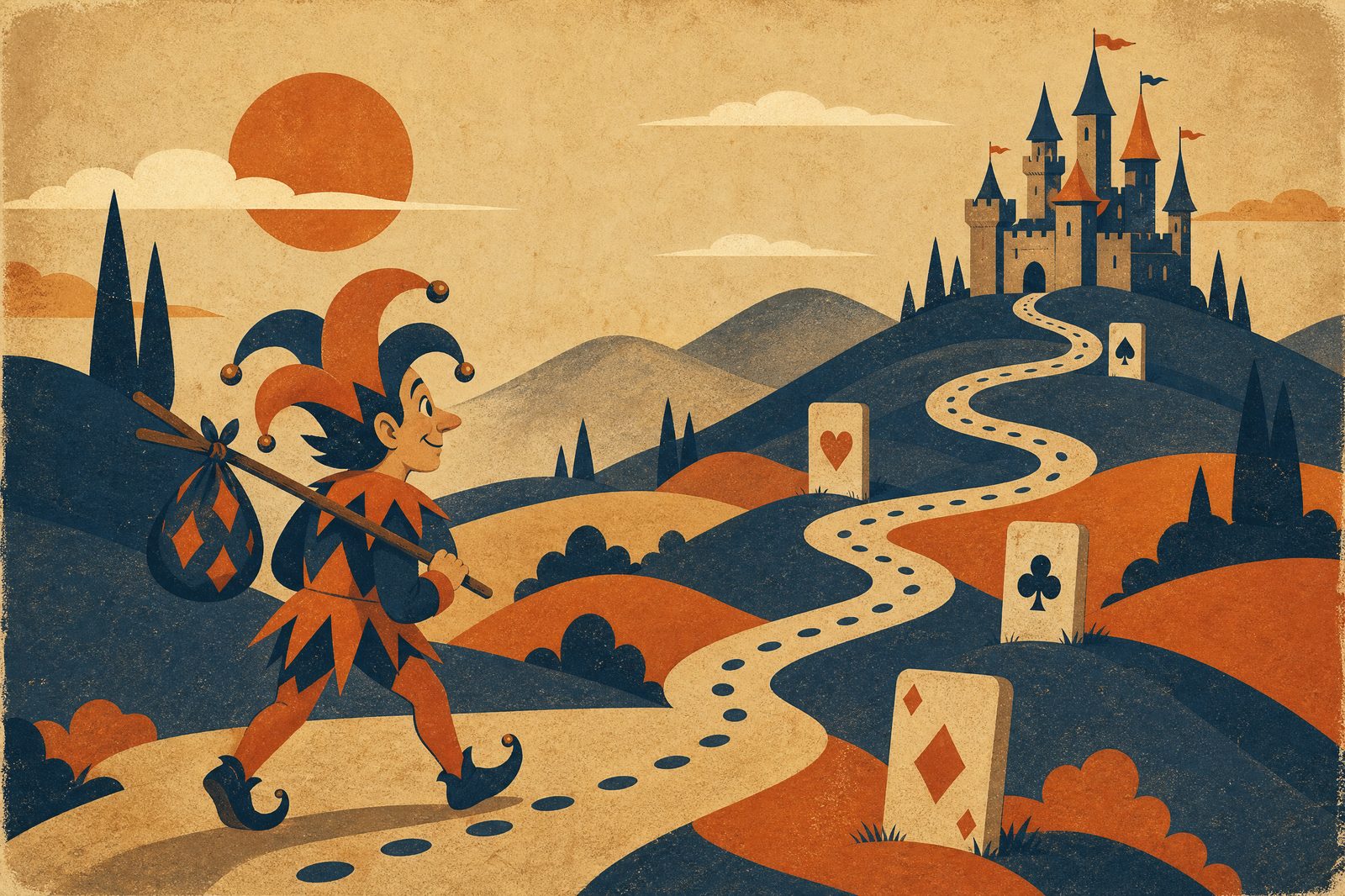 Jester's Journey: a jester with a knapsack walking toward a distant castle