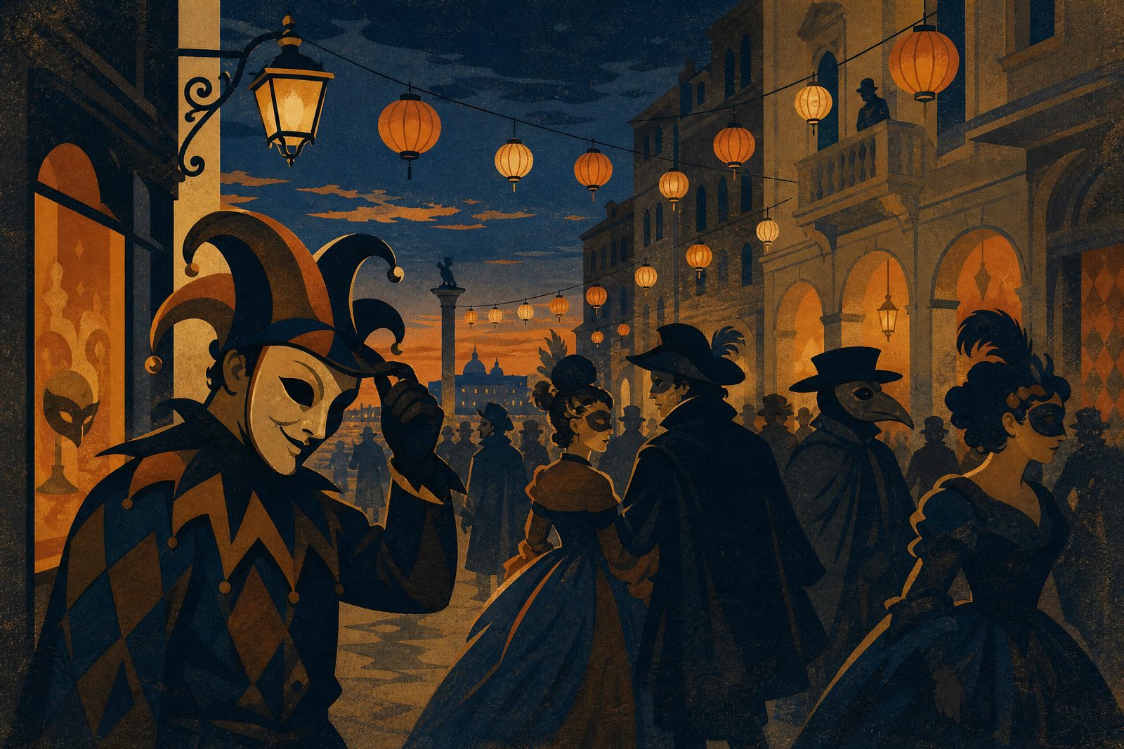 Masquerade Mile: masked figures strolling under lanterns in an evening street