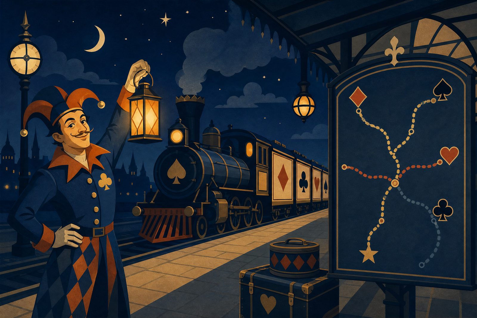 Wildcard Waypoints: a conductor jester with a lantern beside a night train